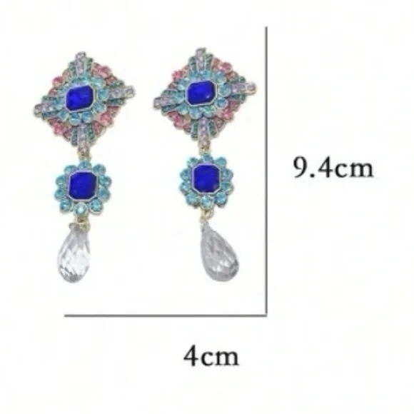 Colorful Crystal, Rhinestone Drop Medallion Dangle Vintage Look Party Earrings - Picture 7 of 10